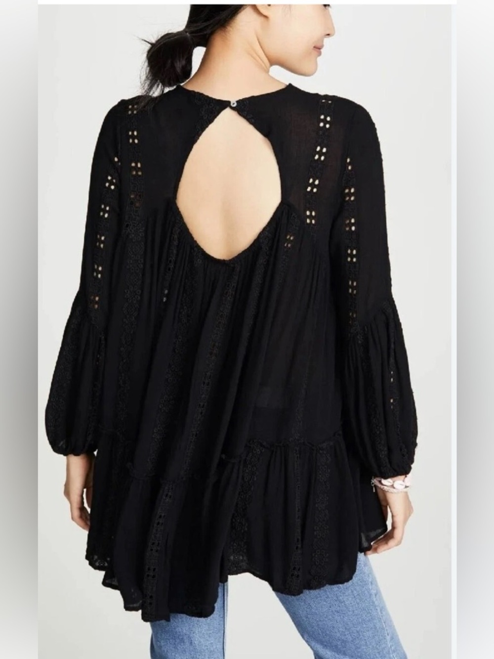 Free People Kiss Kiss Black Embroidered Lace Tunic,Size-Large - Picture 3 of 12